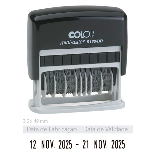 Carimbo Automático Colop Mini Printer 160dd Datador Duplo Preto Placa Texto Retangular 05x49mm