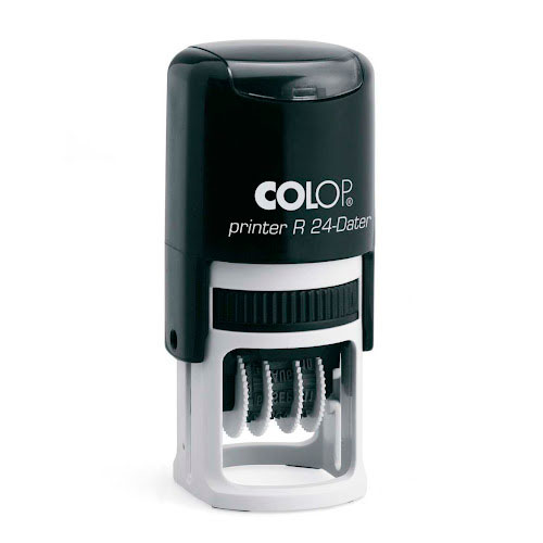 Carimbo Automático Colop Printer R24 Datador Preto Placa Texto Redonda 24mm