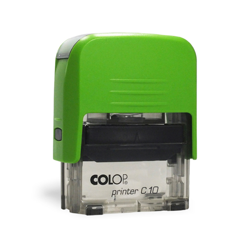 Carimbo Automatico Colop Printer Compacto 10 Verde com Base Transparente Placa Texto Retangular 10x27mm