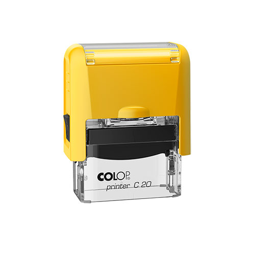 Carimbo Automatico Colop Printer Compacto 20 Amarelo com Base Transparente Placa Texto Retangular 14x38mm