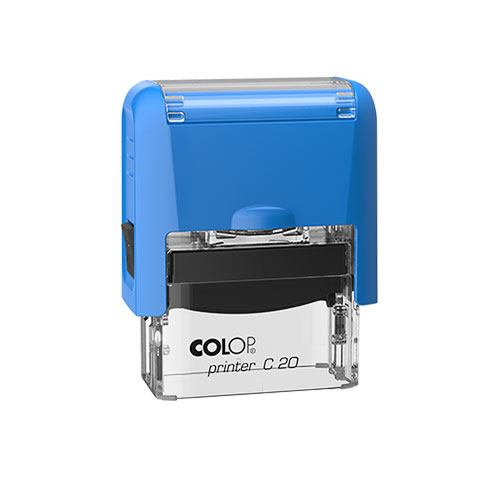 Carimbo Automatico Colop Printer Compacto 20 Azul com Base Transparente Placa Texto Retangular 14x38mm