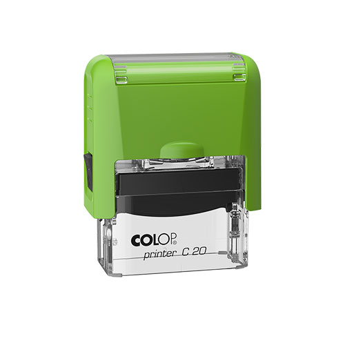 Carimbo Automatico Colop Printer Compacto 20 Verde com Base Transparente Placa Texto Retangular 14x38mm