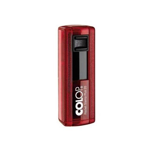 Carimbo de Bolso Colop Pocket Stamp Plus Vermelho Rubi Translúcido Placa Texto Retangular 14x38mm