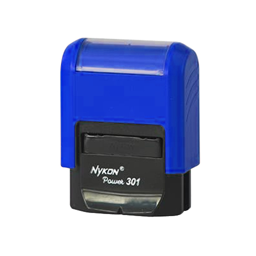 Carimbo Automatico Nykon Black Color 301 Azul com Base Preta Placa Texto Retangular 10x26mm
