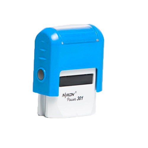 Carimbo Automatico Nykon Power 301 Azul Claro com Base Preta Placa Texto Retangular 10x27mm