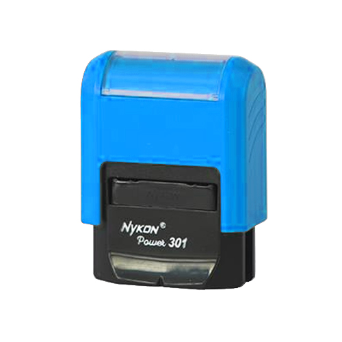 Carimbo Automatico Nykon Black Color 301 Azul Claro com Base Preta Placa Texto Retangular 10x27mm