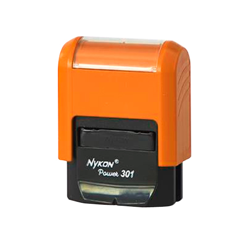 Carimbo Automatico Nykon Black Color 301 Laranja com Base Preta Placa Texto Retangular 10x27mm