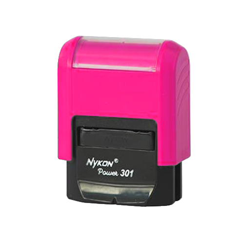 Carimbo Automatico Nykon Black Color 301 Rosa com Base Preta Placa Texto Retangular 10x27mm