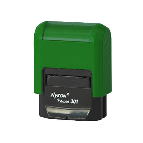 Carimbo Automatico Nykon Black Color 301 Verde com Base Preta Placa Texto Retangular 10x27mm