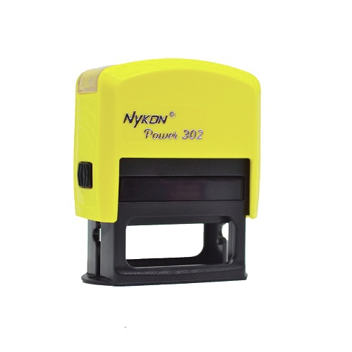 Carimbo Automatico Nykon Black Color 302 Amarelo Esverdeado com Base Preta Placa Texto Retangular 14x38mm