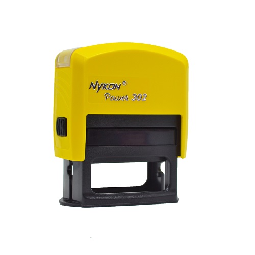 Carimbo Automatico Nykon Black Color 302 Amarelo com Base Preta Placa Texto Retangular 14x38mm
