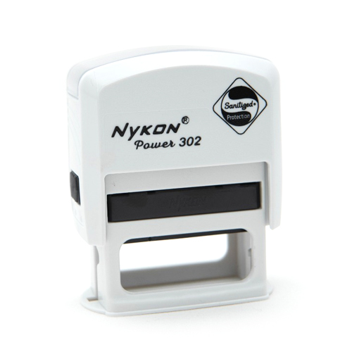Carimbo Automatico Nykon Power 302 Branco com Tecnologia Suiça Antiviral Sanitized Placa Texto Retangular 14x38mm