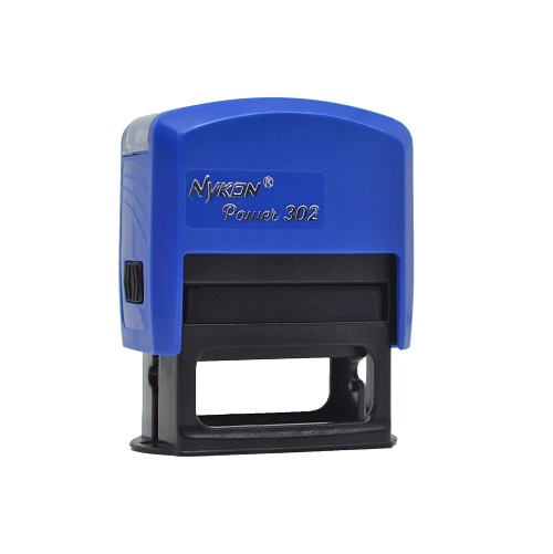 Carimbo Automatico Nykon Black Color 302 Azul com Base Preta Placa Texto Retangular 14x38mm