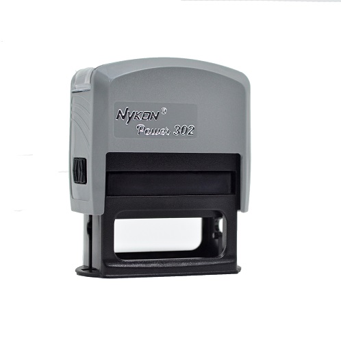 Carimbo Automatico Nykon Black Color 302 Cinza com Base Preta Placa Texto Retangular 14x38mm