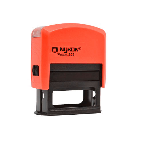 Carimbo Automatico Nykon Black Color 302 Laranja Neon com Base Preta Placa Texto Retangular 14x38mm
