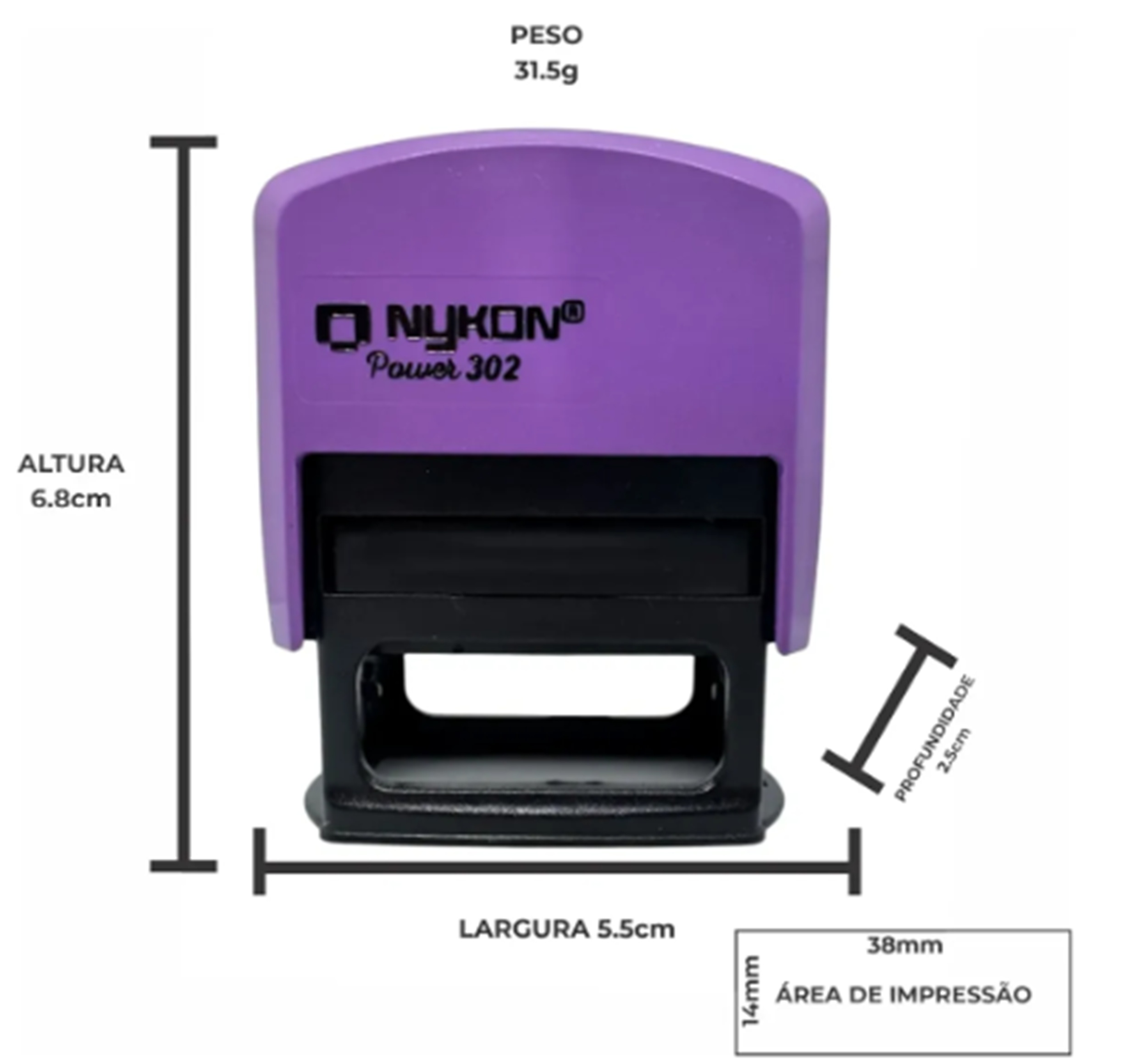 Carimbo Automatico Nykon Black Color 302 Lilas com Base Preta Placa Texto Retangular 14x38mm