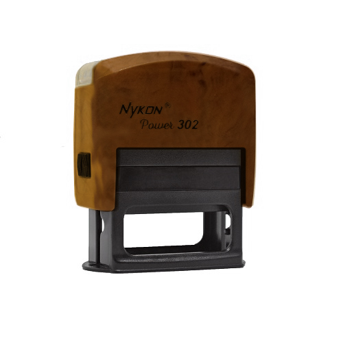 Carimbo Automatico Nykon Black Color 302 Amadeirado com Base Preta Placa Texto Retangular 14x38mm