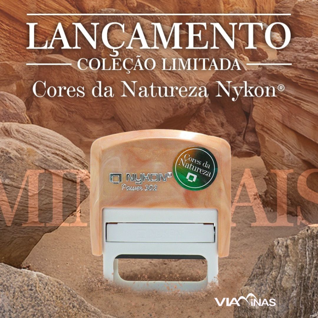 Coleção Limitada Cores da Natureza - Carimbo Automatico Nykon Power 302 Minerais Placa Texto Retangular 14x38mm