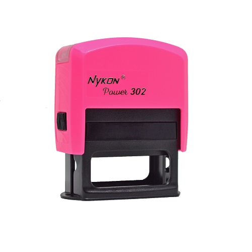 Carimbo Automatico Nykon Black Color 302 Rosa com Base Preta Placa Texto Retangular 14x38mm