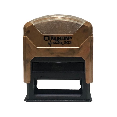 Carimbo Automatico Nykon Vpower Black Color 302 Amadeirado com Base Preta Placa Texto Retangular 14x38mm