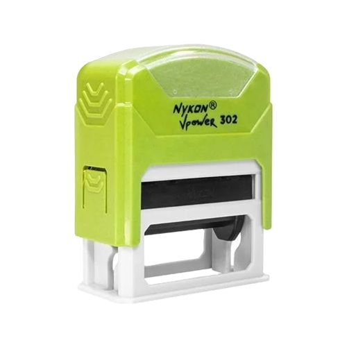 Carimbo Automatico Nykon Vpower 302 Verde Maça com Base Branca Placa Texto Retangular 14x38mm