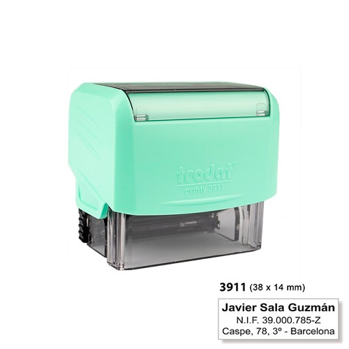 Carimbo Automatico Trodat Printy 3911 Verde Agua Pastel Placa Texto Retangular 14x38mm