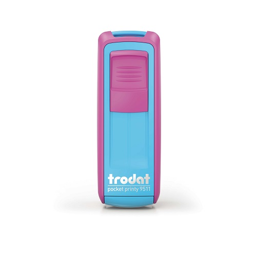 Carimbo de Bolso Trodat Pocket Printy 9511 Rosa e Azul Turquesa Placa Texto Retangular 14x38mm